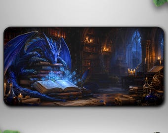 Blue Dragon TCG Playmat, Cozy Fantasy Deskmat, Gothic Library Gaming Mat