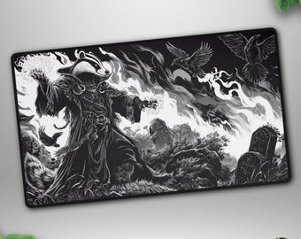 Badger Gravekeeper TCG Playmat, Dark Cemetery Necromancer Deskmat, Crows and Flames Gaming Mat