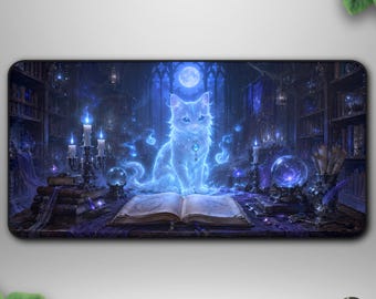 Ghost Cat Familiar TCG Playmat, Haunted Library Deskmat, Spirit Magic Gaming Mat