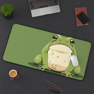 Wise Green Frog Gaming Desk Mat, Cute Office Decor Mouse Pad, Whimsical Frog Illustration Play Mat, - Available in Small, Medium, Large