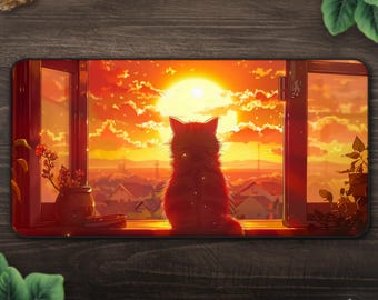 Anime Cat Sunset Desk Mat, Cozy Window View Aesthetic, Extended Gaming Mouse Pad, Non-Slip Rubber, Stitched Edge, Gifts for Gamers, Scenic
