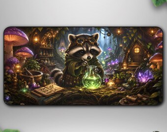 Raccoon Alchemist TCG Playmat, Cozy Fantasy Deskmat, Mushroom Forest Gaming Mat
