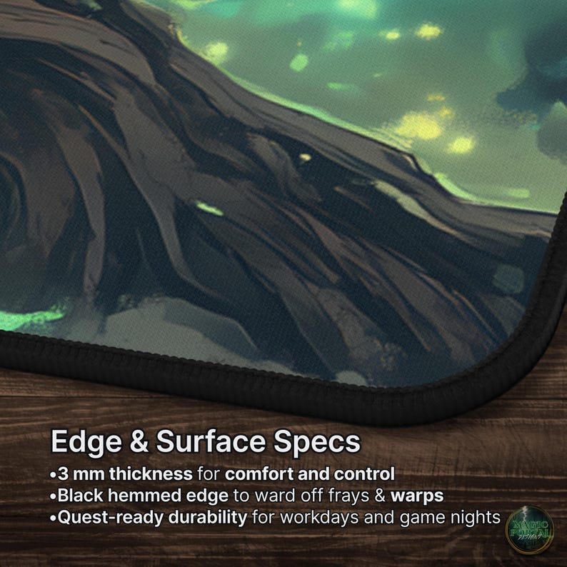 May include: A gaming mouse pad with a dark, artistic design featuring a black hemmed edge. The pad is 3 mm thick for comfort and control, and is designed for durability. The text on the pad reads "Edge & Surface Specs".
