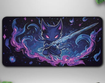 Spellblade Cat TCG Playmat, Neon Anime Mage Deskmat, Cosmic Pink Flame Gaming Mat