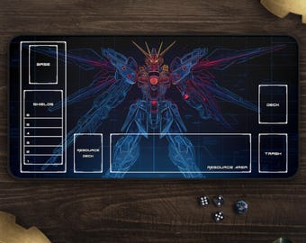 Gundam Compatible TCG Playmat With Zones, Neon Mecha Blueprint, TCG Accessories, Gift for Gamers, Unofficial Gundam TCG