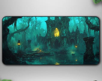 Haunted Swamp Ruins Playmat, Dark Fantasy TCG Mat, Ghostly Marsh Deskmat for Gamers