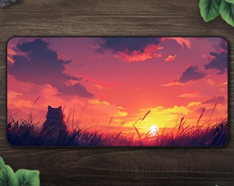 Sunset Meadow Anime Cat Desk Mat, Extended Gaming Mouse Pad, Kawaii Aesthetic Desk Pad, Non-Slip Stitched Edge, Gifts For Gamers