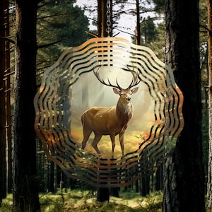 May include: A metal wind spinner with a circular design featuring a deer in a forest setting. The spinner has multiple layers of metal that create a swirling effect when it spins in the wind.