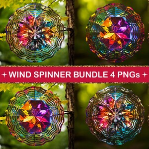May include: Four colorful wind spinners with intricate geometric designs are displayed against a blurred green background. The spinners feature a variety of colors, including red, orange, yellow, green, blue, and purple. The text "+ WIND SPINNER BUNDLE 4 PNGs +" is displayed in a red banner.