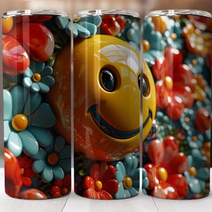 Gobelet smiley gonflé 3D, motif floral transparent 20 oz verres minces sublimation, téléchargement numérique PNG, NUMÉRIQUE instantané uniquement