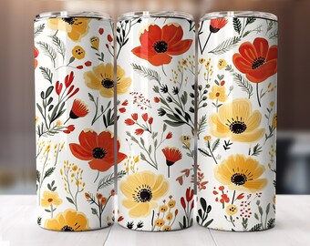 Floral Boho Tumbler Wrap, 20 oz Skinny Tumbler, Sublimation Design PNG, Instant DIGITAL ONLY, Straight Design Tumbler Template