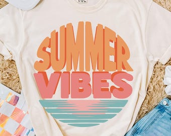 Summer PNG, Summer Vibes Retro Sunset Shirt, Pastel Beach Shirt PNG, Cute Summer Vacation Tee, Trendy Sublimation PNG, Png For Shirts