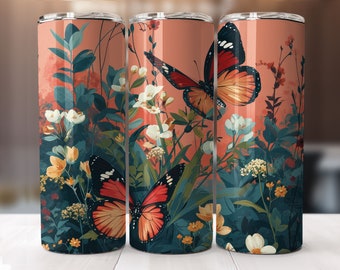 Opakowanie na kubek Butterfly Tumbler, 20 oz Skinny Tumbler, Motyle png, Wzór sublimacji, png Instant, TYLKO CYFROWE, Prosty wzór Tumbler