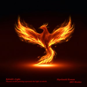 Rebirth&#39;s Light. Fiery Phoenix: Symbol of Rebirth. Digital posters.