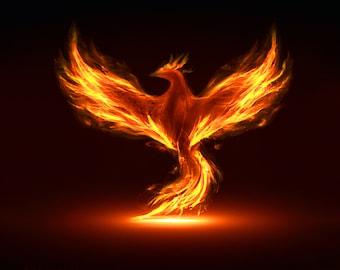Rebirth&#39;s Light. Fiery Phoenix: Symbol of Rebirth. Digital posters.