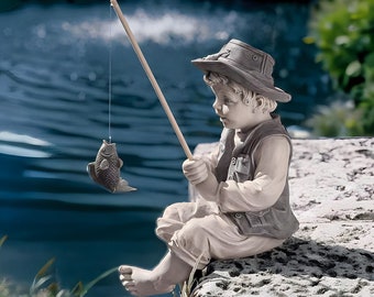 Gone Fishing Boy Garden Statue, Outdoor Yard Decor, Lawn Decor, Porch Decor, Home Decor, Room Decor, Resin Art Decor, Table Desk Ornament