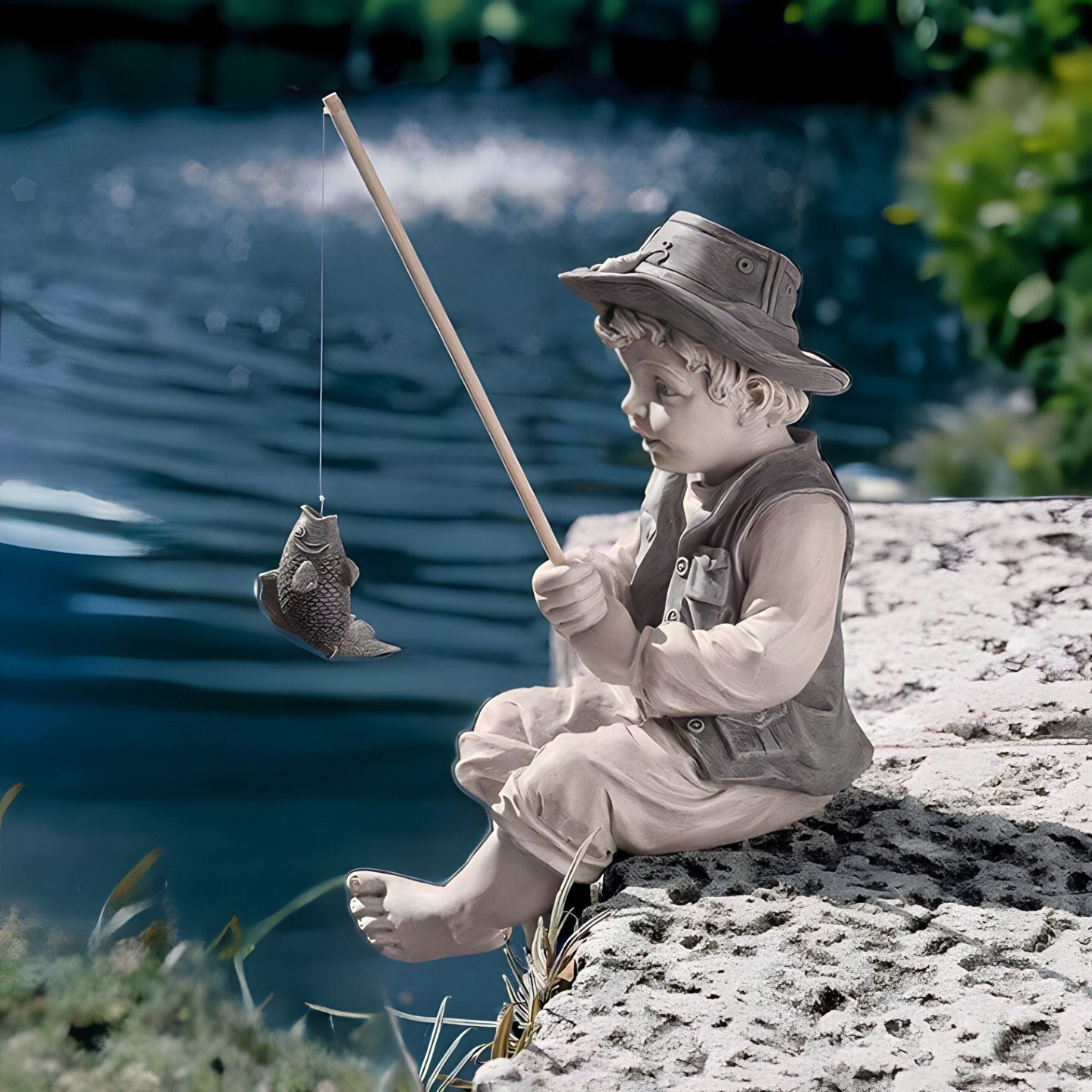 Gone Fishing Boy Garden Statue, Outdoor Yard Decor, Lawn Decor