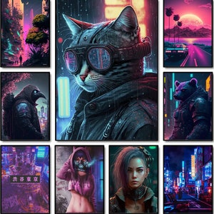 Póster de gato ciberpunk con estampado de animales, arte de pared, pintura en lienzo de anime, imagen estética abstracta de neón para decoración moderna de sala de juegos y hogar
