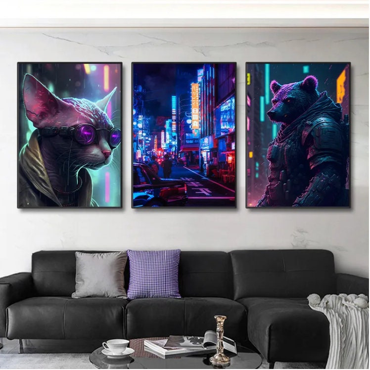 Cyberpunk Cat Animal Poster Print Wall Art Anime Canvas Painting ...