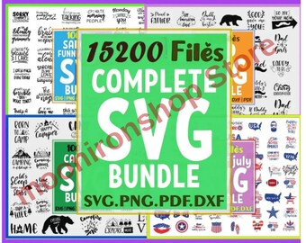 May include: A collage of images featuring various designs for digital cutting files. The images include camping, summer, and patriotic themes. The text "15200 Files Complete SVG Bundle SVG.PNG.PDF.DXF" is displayed in large white letters on a green background.