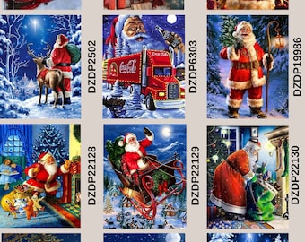 May include: A collage of 10 different Christmas-themed images featuring Santa Claus in various scenes.  Santa is depicted in a red suit with a white beard and hat.  He is shown with a snowman, a reindeer, a Coca-Cola truck, a sleigh, and a fireplace.