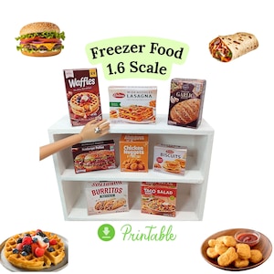 May include: Miniature food items, including waffles, lasagna, garlic bread, hamburger patties, chicken nuggets, biscuits, burritos, and taco salad, are displayed on a white shelf. The text "Freezer Food 1.6 Scale" is visible.
