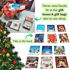 May include: A collection of miniature Christmas-themed books, including titles like "Reindeer" and "Christmas Cookie," are displayed. Some books are in gift boxes with festive designs. The image also includes a Christmas tree.