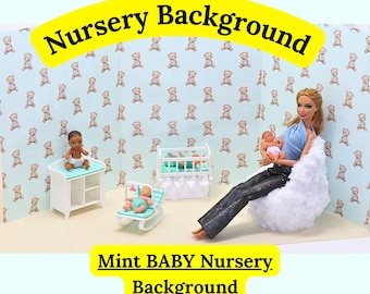 Dollhouse Nursery Background 1:6 Scale, Teal Teddy Bear Print (PDF)