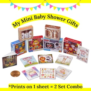 May include: A collection of miniature baby shower gifts, including boxed sets of bath products, toys, books, and a baby monitor. The image features a variety of colorful packaging and small books with titles like "Mommy Loves You Baby" and "Baby's First Foods."