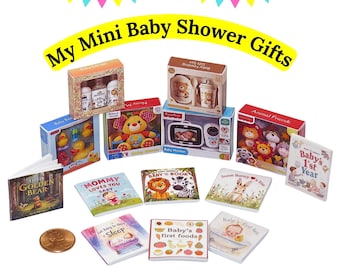May include: A collection of miniature baby shower gifts, including boxed sets of bath products, toys, books, and a baby monitor. The image features a variety of colorful packaging and small books with titles like "Mommy Loves You Baby" and "Baby's First Foods."
