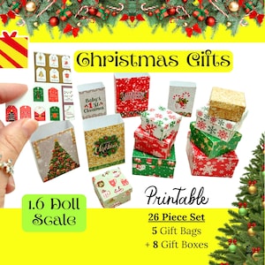 May include: A collection of miniature Christmas gifts, including gift bags and boxes, with festive designs and the text "Christmas Gifts." The set includes 26 pieces, 5 gift bags, and 8 gift boxes, all in 1.6 doll scale.