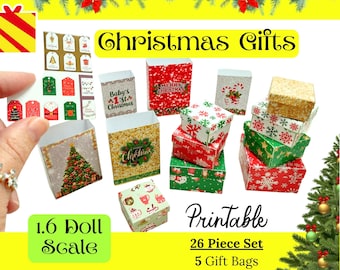 Printable Mini Christmas Gift Bags Boxes Dollhouse Miniature Presents 1.6 1.12 Scale PDF
