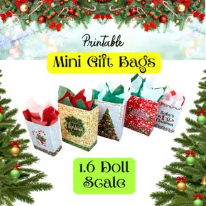 May include: Printable mini gift bags in 1.6 doll scale, perfect for Christmas. The bags are decorated with festive designs, including Christmas trees and holiday greetings. Each bag is filled with red and green tissue paper.