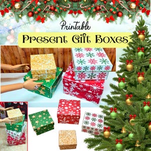 May include: Printable present gift boxes in various sizes and designs. The boxes feature festive patterns like snowflakes and stars in red, green, and white. Some boxes have a textured, gold-colored finish. A Christmas tree with ornaments is in the background.