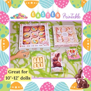 May include: An assortment of Easter treats, including cupcakes, cookies, chocolate bunnies, and jelly beans, are displayed in boxes. The image has the text "EASTER Printable" and "Great for 10"-12" dolls". The background is decorated with Easter egg patterns.