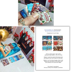 May include: Miniature Christmas-themed books, including "Christmas Cookie Baking" and "How to Rein," are held in a hand. A doll is shown reading a miniature book. A sheet of instructions is also visible.