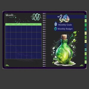 May include: A black and green planner with a monthly calendar, a snake illustration, and a green glass bottle with a cork stopper. The planner has sections for monthly goals and a monthly budget.