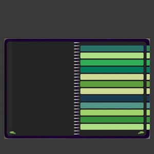 May include: A black notebook with a spiral binding and colorful tabs on the right side. The tabs are in shades of green, blue, and yellow.