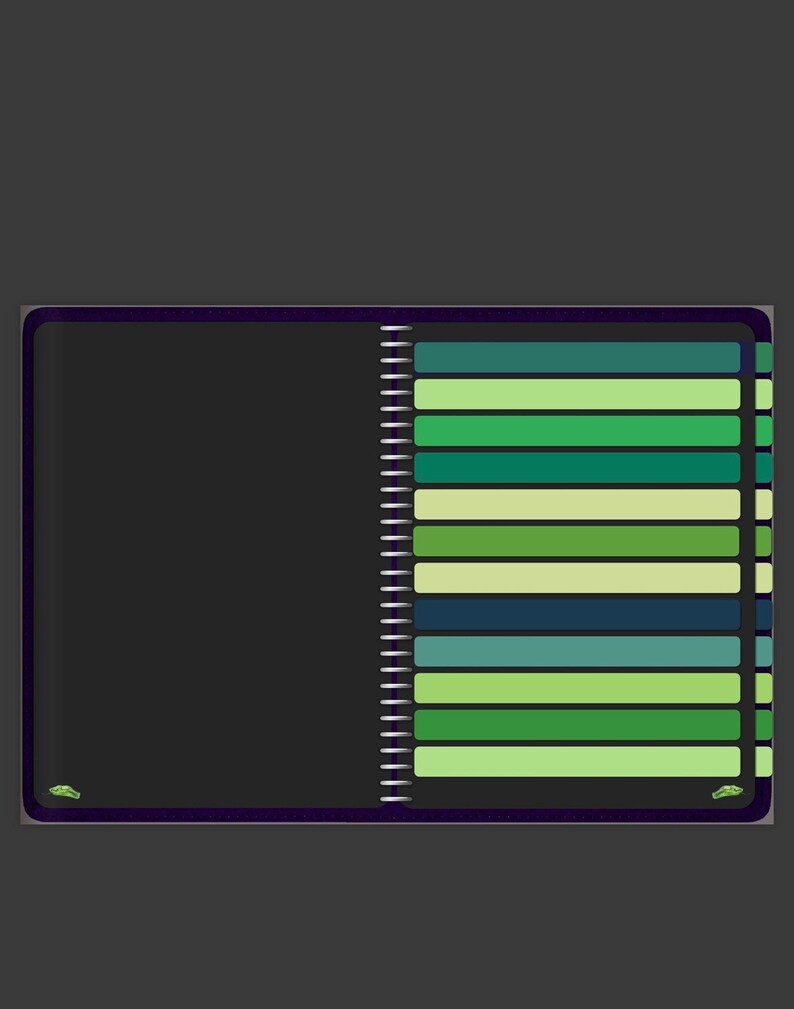 May include: A black notebook with a spiral binding and colorful tabs on the right side. The tabs are in shades of green, blue, and yellow.