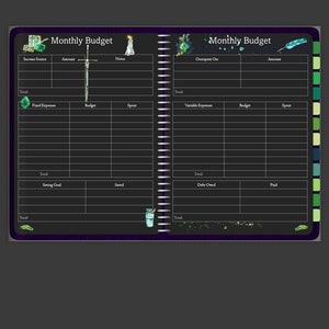 May include: A black and green budget planner with a spiral binding. The planner has sections for income, expenses, savings, and debt. The planner is decorated with illustrations of plants and flowers.
