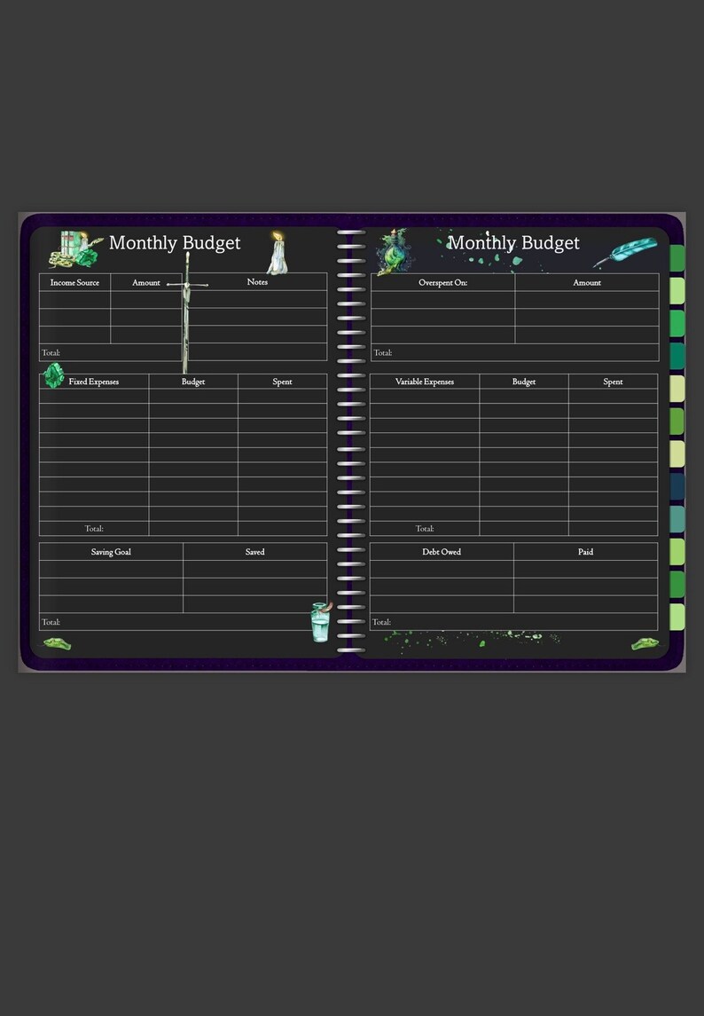 May include: A black and green budget planner with a spiral binding. The planner has sections for income, expenses, savings, and debt. The planner is decorated with illustrations of plants and flowers.
