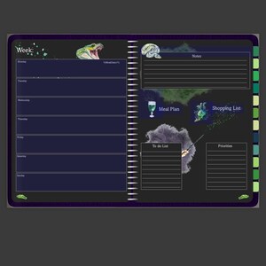 May include: A black weekly planner with a green snake, a potion, and a wand illustration. The planner has sections for notes, meal plan, shopping list, to do list, and priorities.