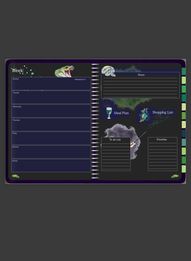 May include: A black weekly planner with a green snake, a potion, and a wand illustration. The planner has sections for notes, meal plan, shopping list, to do list, and priorities.