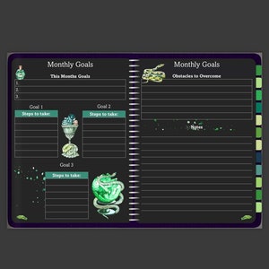 May include: A black planner with a green snake, a green goblet with a green ice cream cone, and a green apple with a green snake wrapped around it. The planner has the words "Monthly Goals" and "This Months Goals" on the left page and "Monthly Goals" and "Obstacles to Overcome" on the right page.