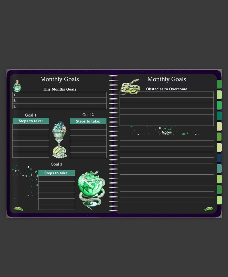 May include: A black planner with a green snake, a green goblet with a green ice cream cone, and a green apple with a green snake wrapped around it. The planner has the words "Monthly Goals" and "This Months Goals" on the left page and "Monthly Goals" and "Obstacles to Overcome" on the right page.