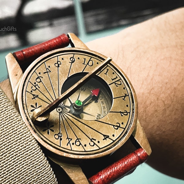 Boussole et montre à cadran solaire en laiton fait main - Montre de style vintage, cadeau parfait pour un mari, objets nautiques de collection | Cadeau de Pâques