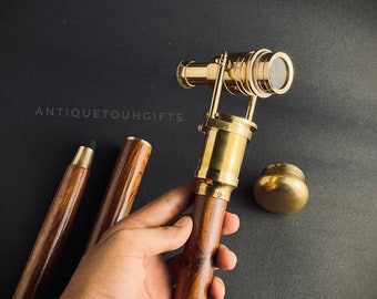 Personalised Vintage Telescope Walking Stick - Handcrafted Gentlemen's Gift with Brass Handle | Rosewood Cane, Gift For Mother, Father