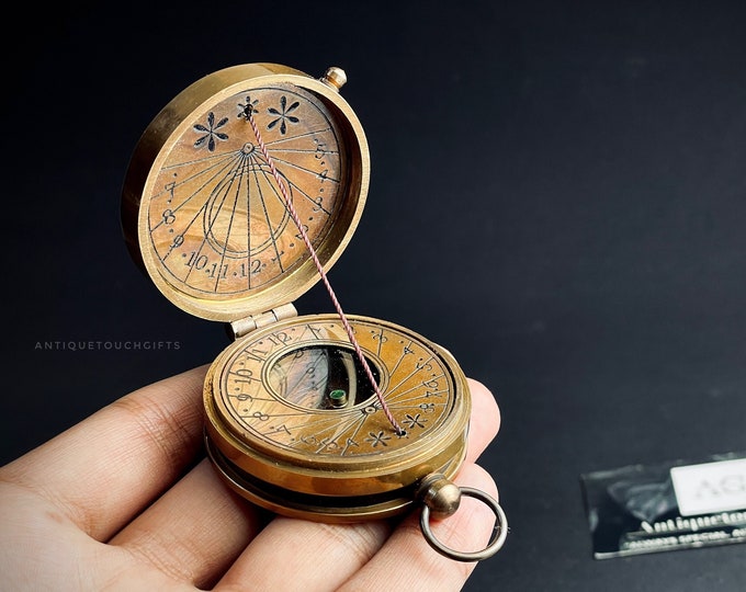 Handmade Antique Style Thread Brass Compass Nautical with Leather Case | Pocket Sundial Compass | Gift For Him, Gifts for Independence Day