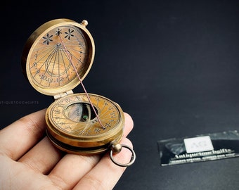 Handmade Antique Style Thread Brass Compass Nautical with Leather Case | Pocket Sundial Compass | Gift For Him \ Easter Gifts for Kid