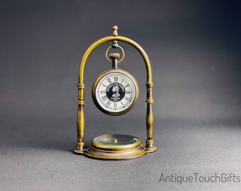 Handmade Brass Table Desk Clock with Direction Compass Base - Corporate Gift, Antique Decor, Gift For Mother, Mom, Anniversary Gift